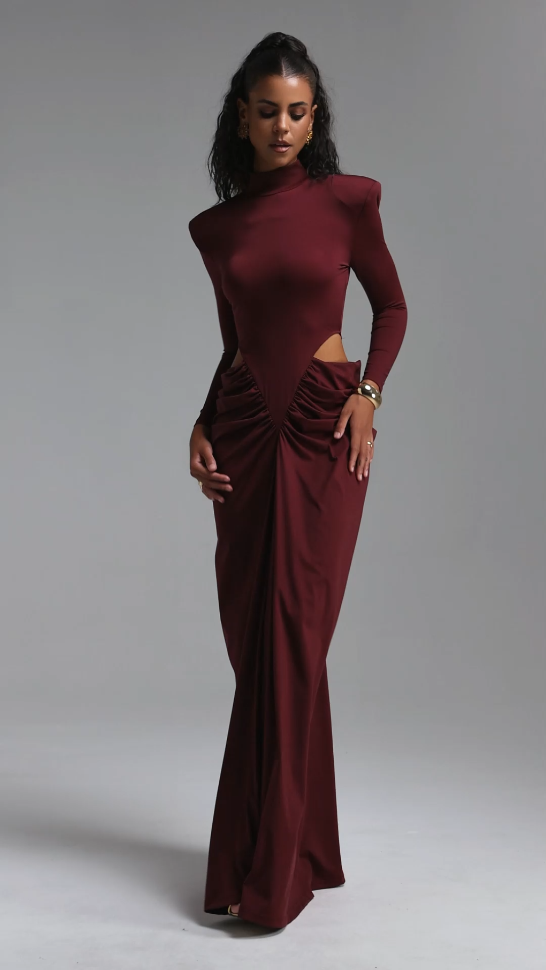 Elliott Luxury High Neck Padded Shoulder Cut Out Ruched Maxi Dress