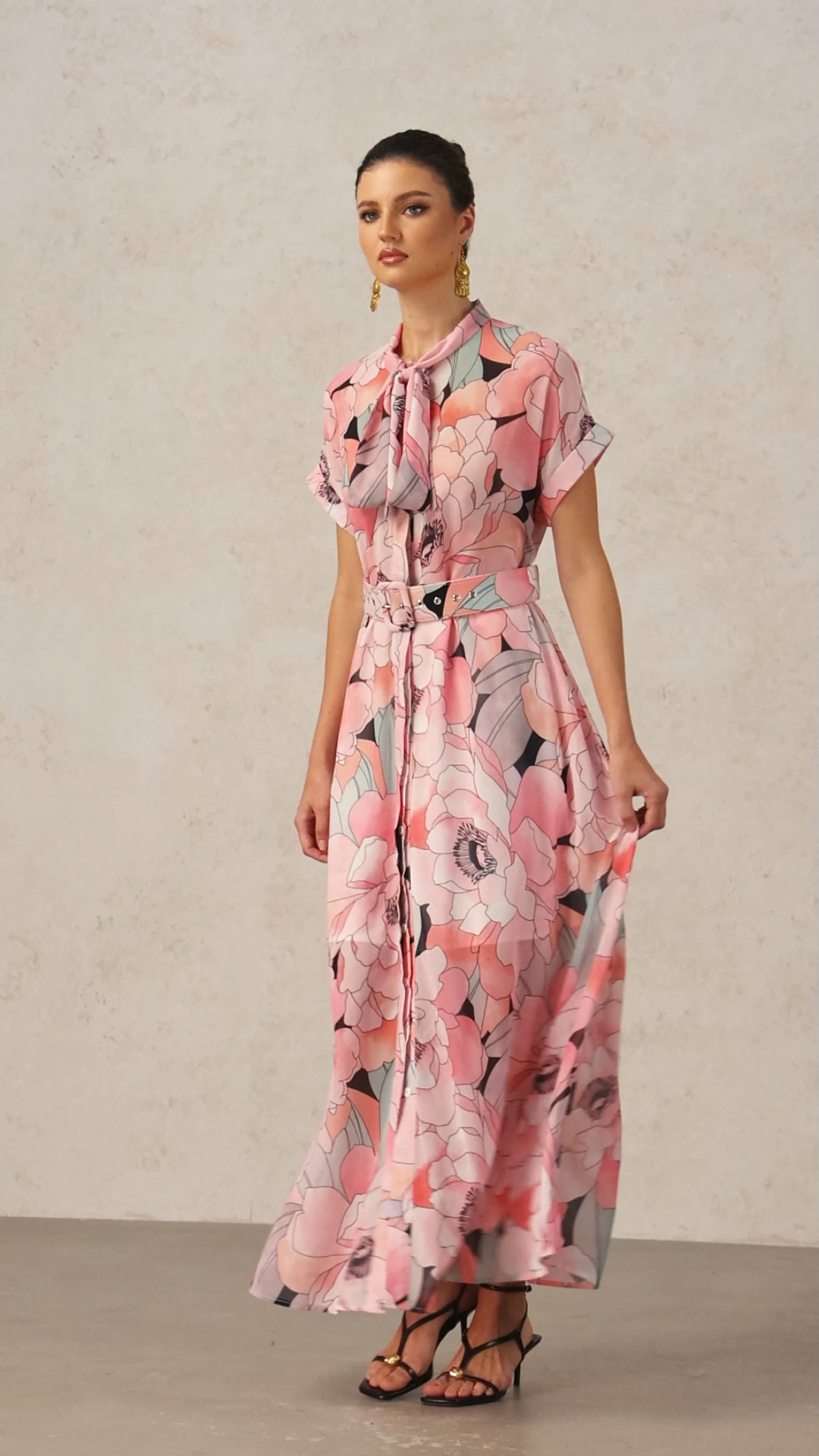 Sinai Short Sleeves Floral Printed Bowknot Maxi Dress