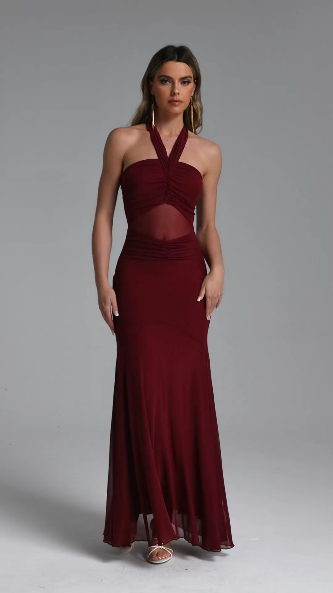 Oga Romantic Contour Halter Cut Out Ruched Knit Maxi Dress