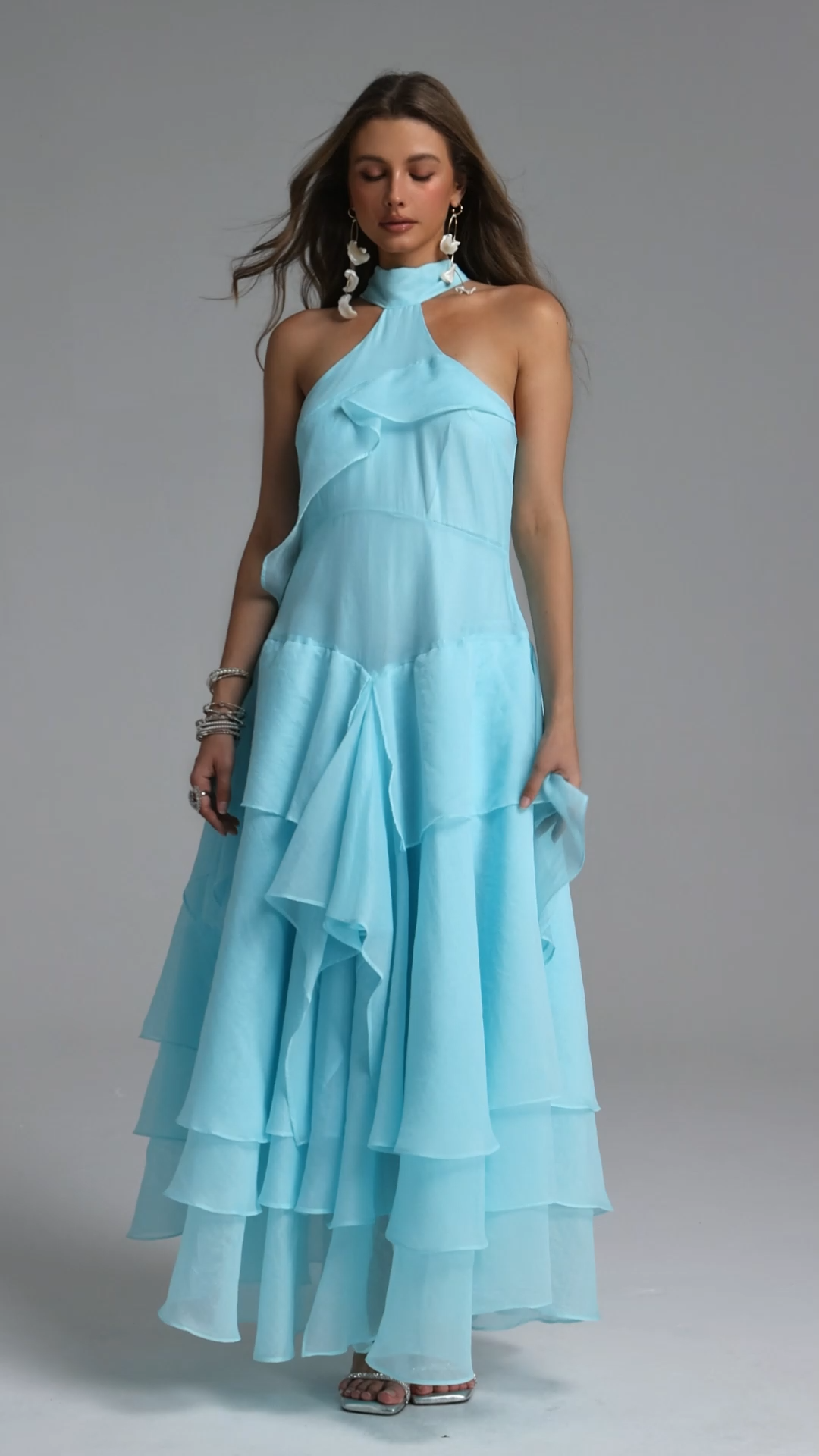 Momo Resort Flowy Sleeveless Ruffle Organza Maxi Dress