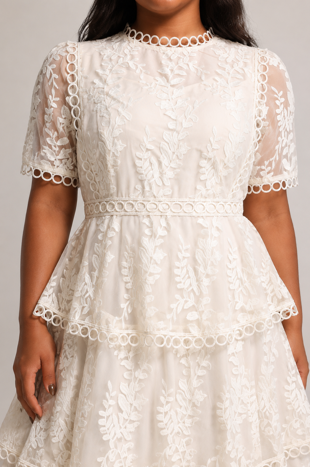 Yedda Resort Flowy Round Neck Short Sleeve Floral Embroidered Woven Maxi Dress