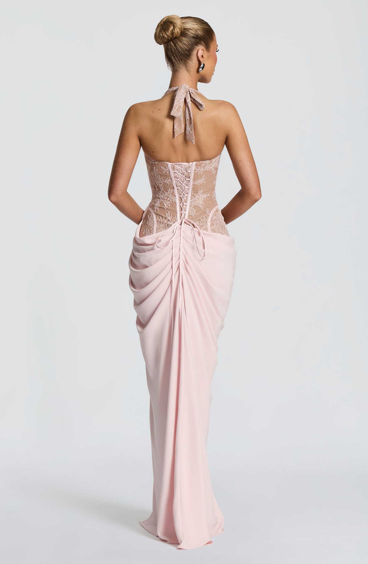 Yuria Classic Halter V Neck Lace Slit Maxi Dress