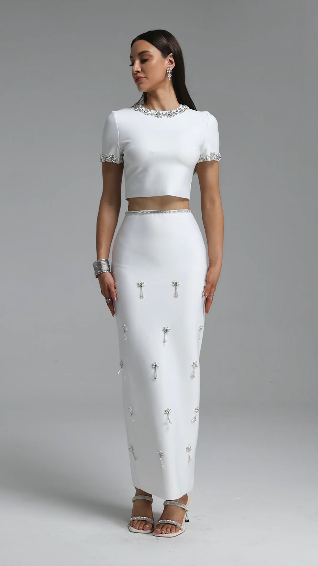 Lennon Elegant Short Sleeve Round Neck Rhinestone Top And Skirt Set