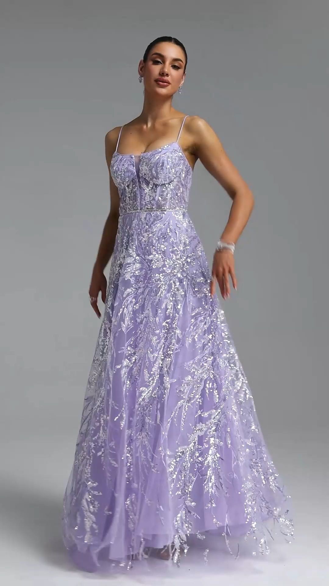 Saga Elegant Waist-Cinching Thin Strap Sequin Embroidery Mesh Full A-Line Maxi Evening Dress