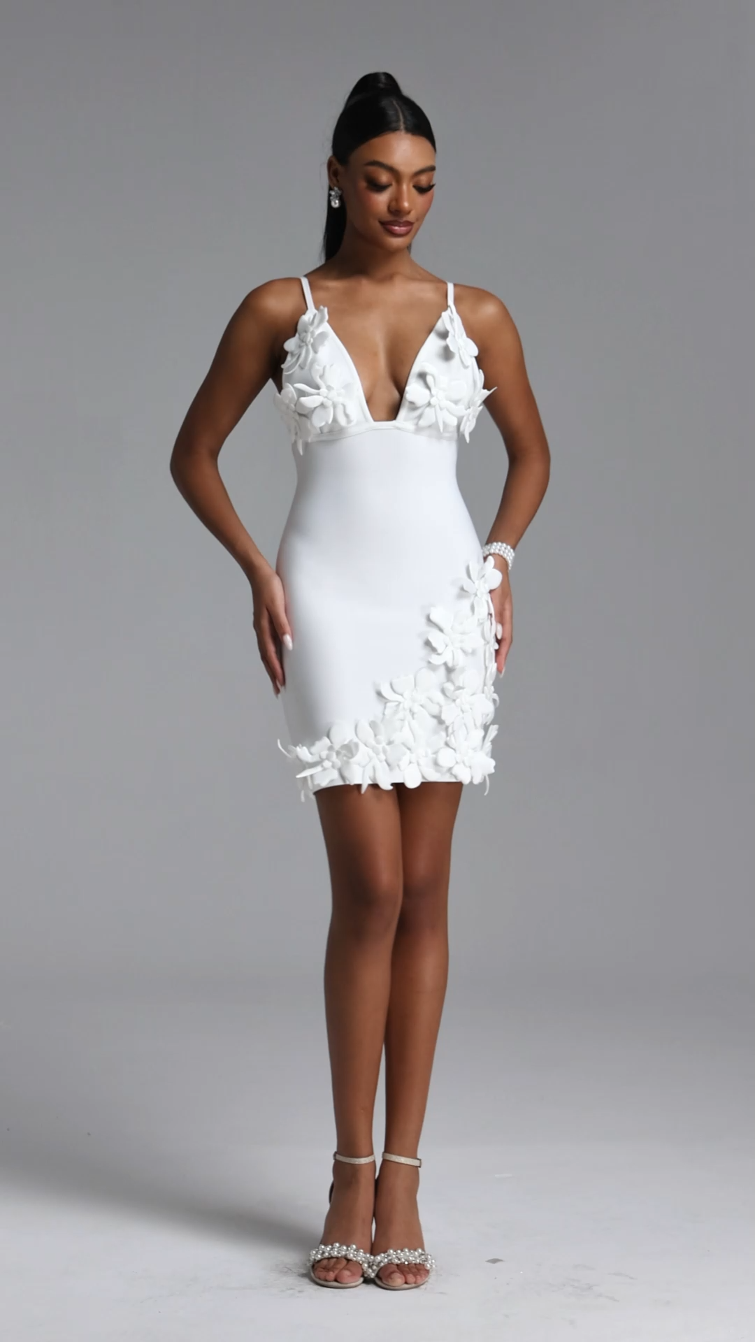 Margaret Chic Contour V Neck Floral Bandage Mini Dress