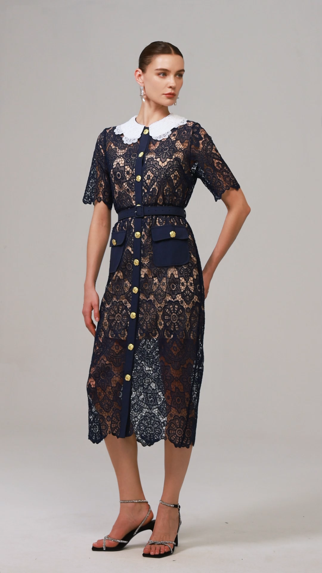 Yuria Lace Hollow Out Gold Button Midi Dress