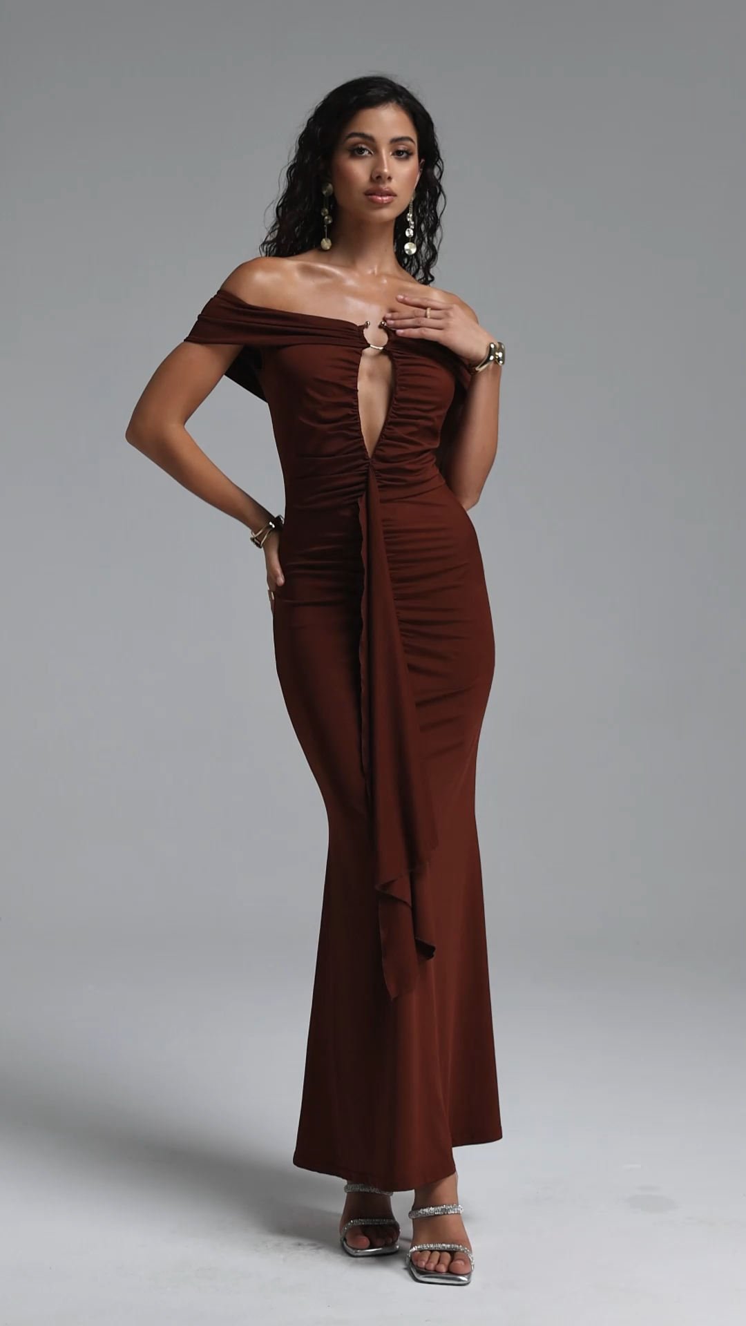 Laurie Elegant Off Shoulder Metal Ring Ruched Draped Maxi Dress