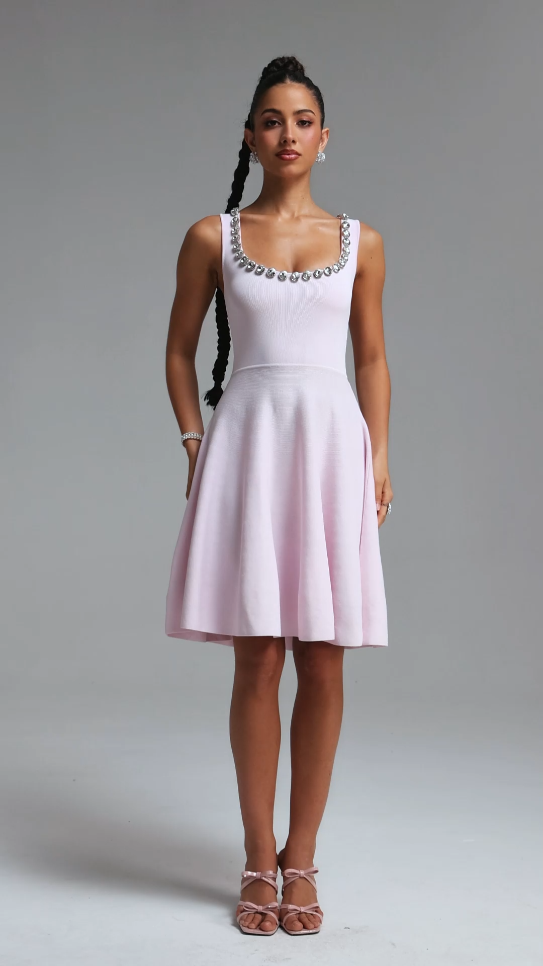 Oly Elegant Contour Sleeveless Rhinestone Knit Mini Dress