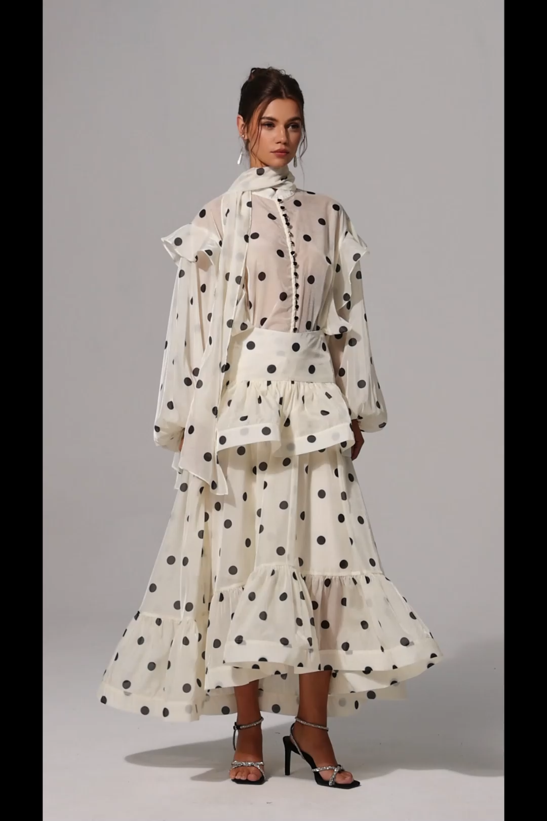 Rode Dot Printed Folds Long Sleeves Top And Skirt Two-Piece Set