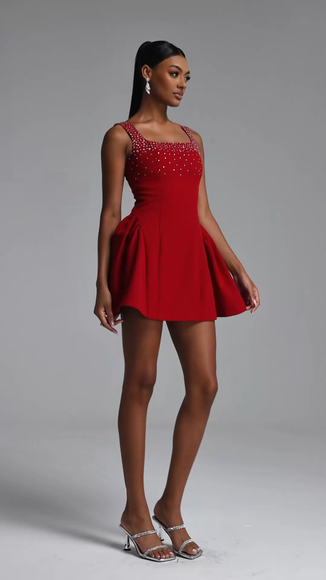 Trese Classic Tailored Square Neck Pleated Crystal Mini Dress