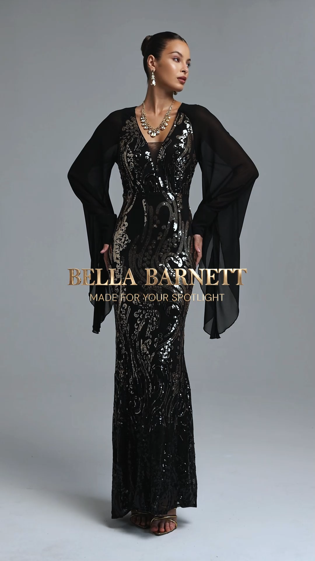 Rosee Elegant Contour V Neck Long Sleeve Sequin Maxi Dress