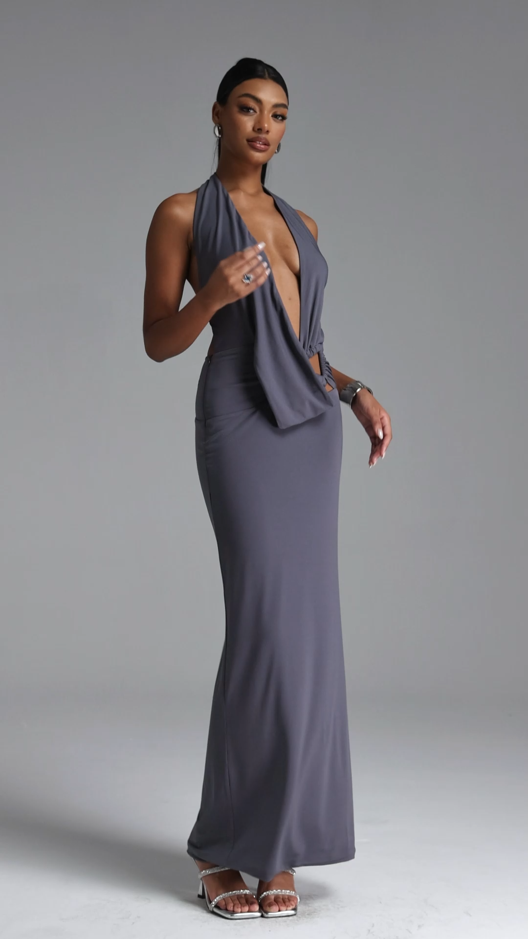 Xuliy Chic Contour Deep V Asymmetric Metal Buckle Maxi Dress