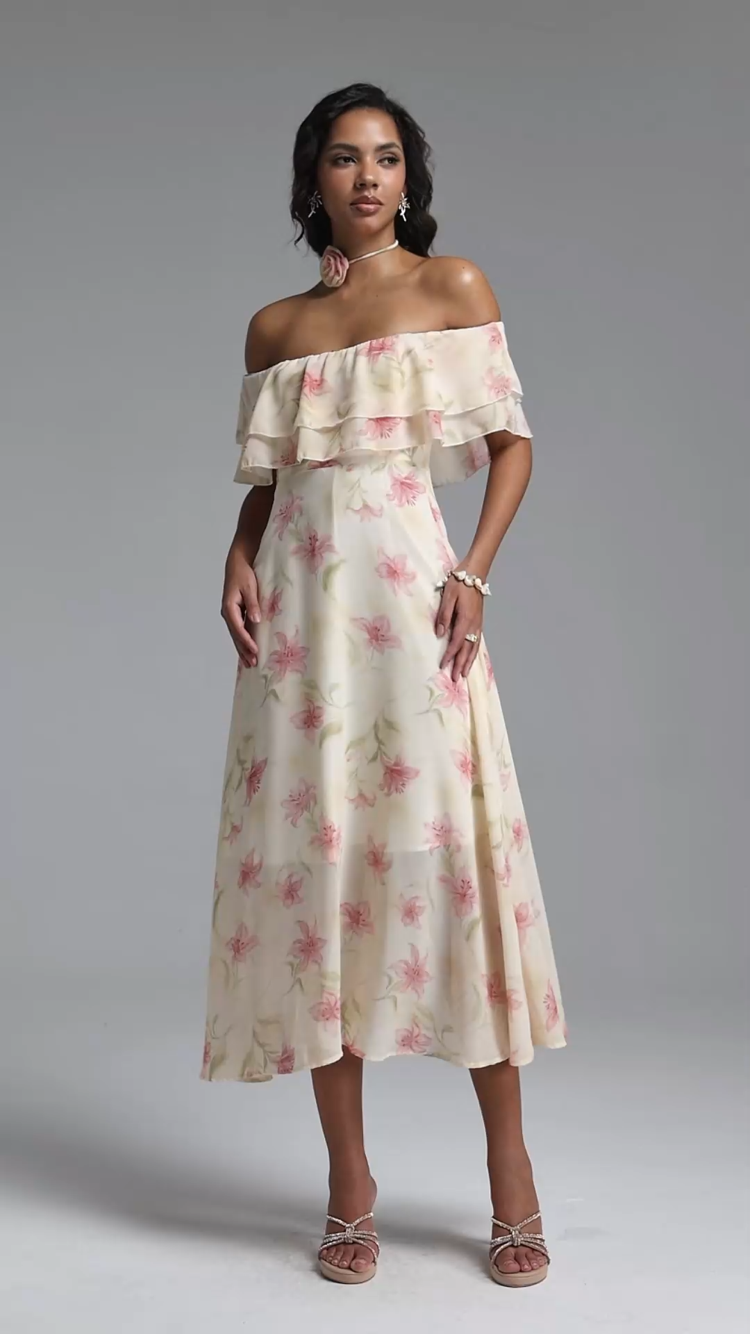Nlia Resort Flowy Off Shoulder Floral Print Chiffon Maxi Dress