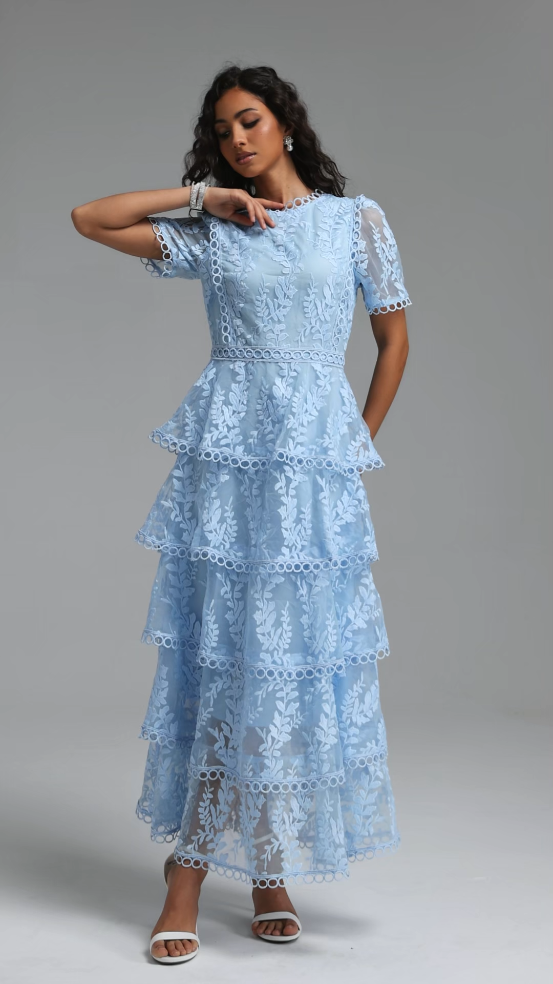 Yedda Resort Flowy Round Neck Short Sleeve Floral Embroidered Woven Blue Maxi Dress