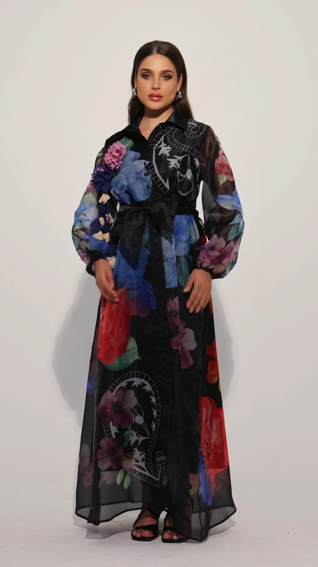 Farrah Lapel Long Sleeves Flowers Printed Maxi Dress