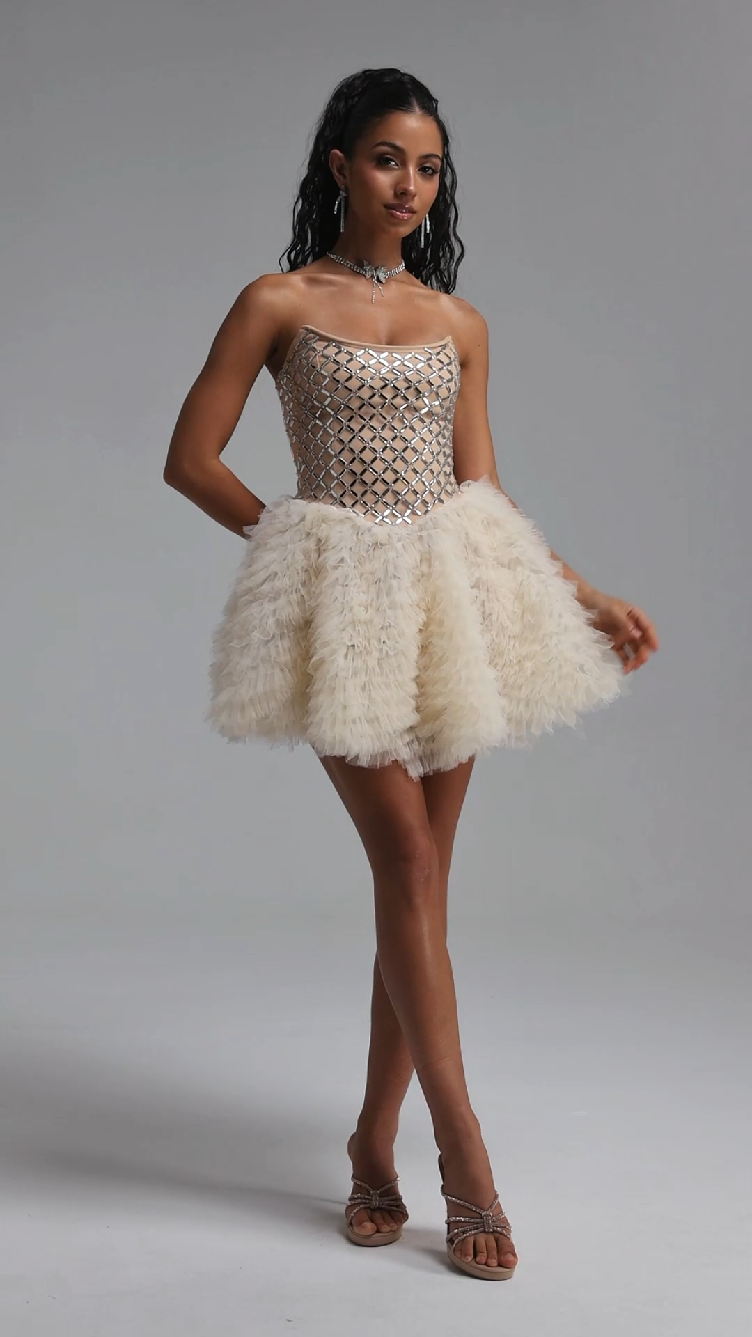 Zandra Elegant Cinched Waist Strapless Rhinestone Voluminous Tiered Bandage Tulle Mini Dress