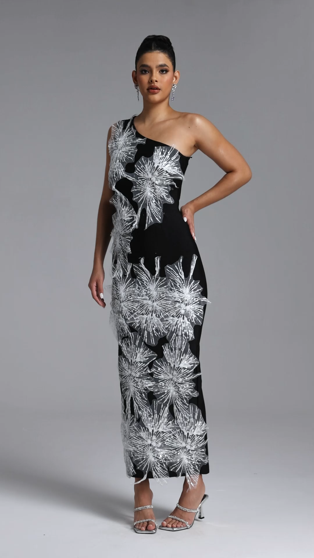 Miyasa Chic Contour One Shoulder Embellished Maxi Dress