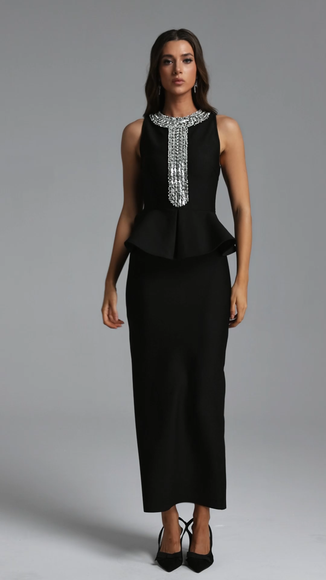 Sarna Elegant Contour Sleeveless Rhinestone Bandage Maxi Dress