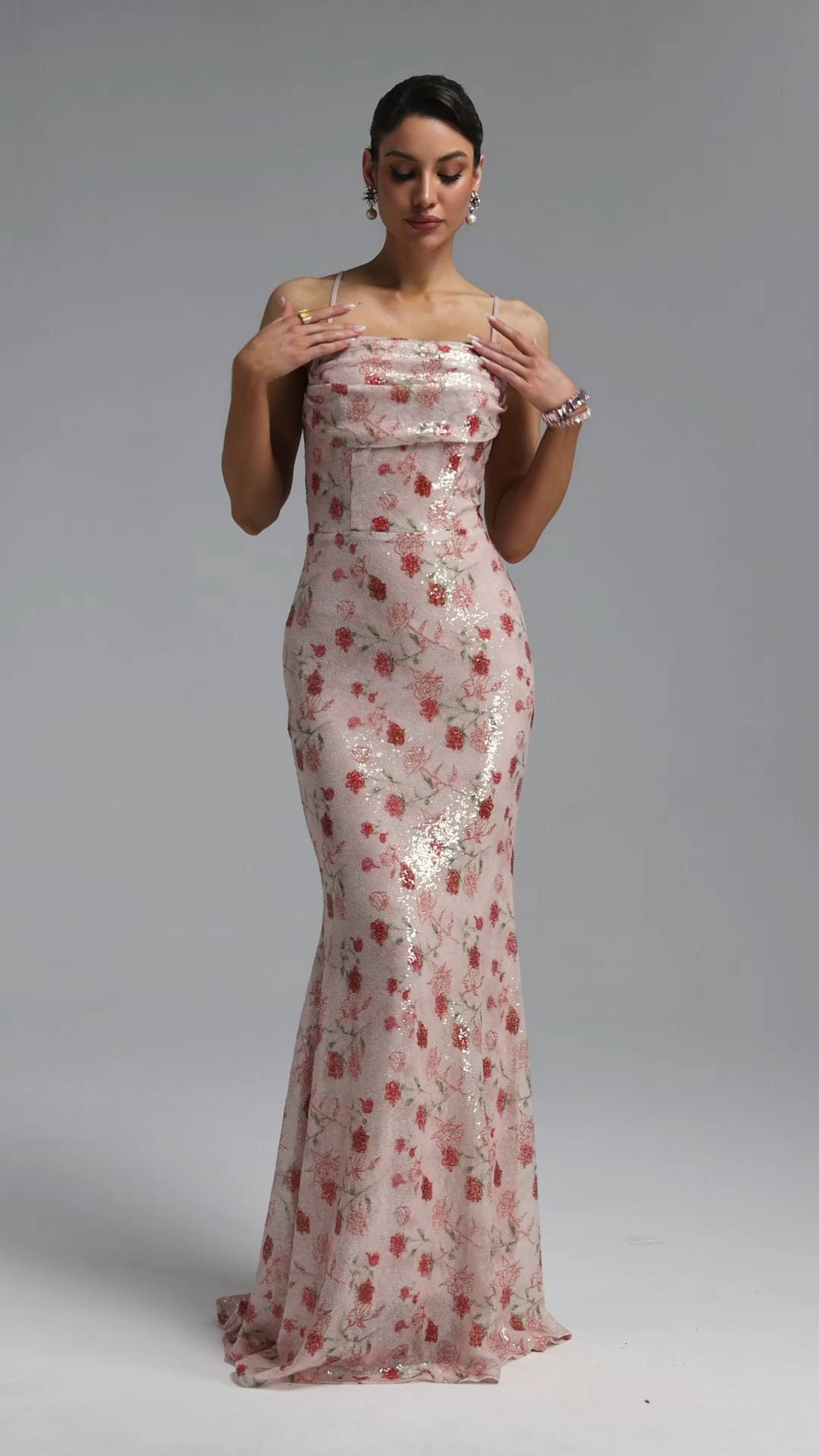 Dasia Elegant Spaghetti Strap Ruched Floral Sequin Maxi Dress