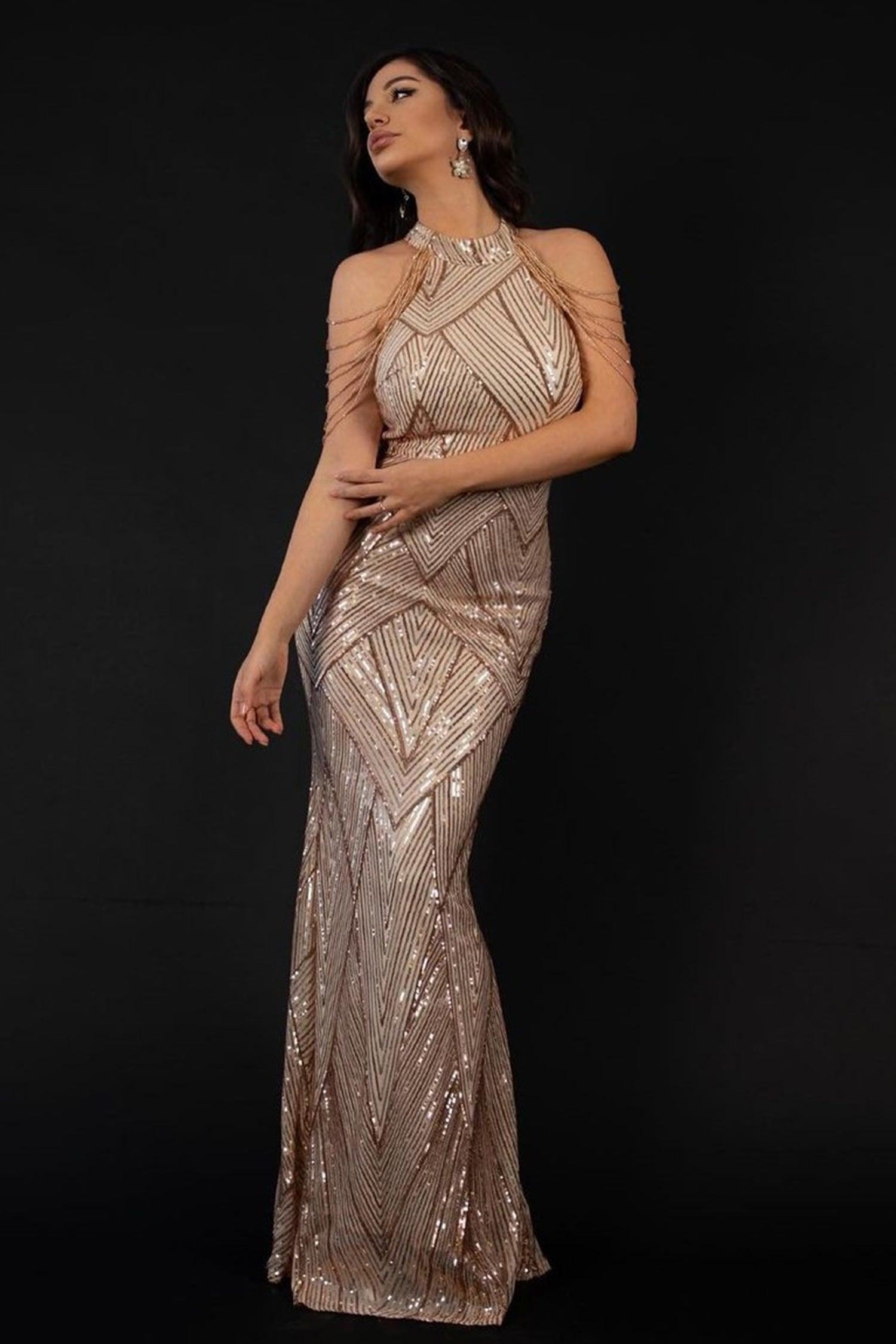 Sequin Halterneck Maxi Mermaid Prom Dress - Champagne - Bellabarnett