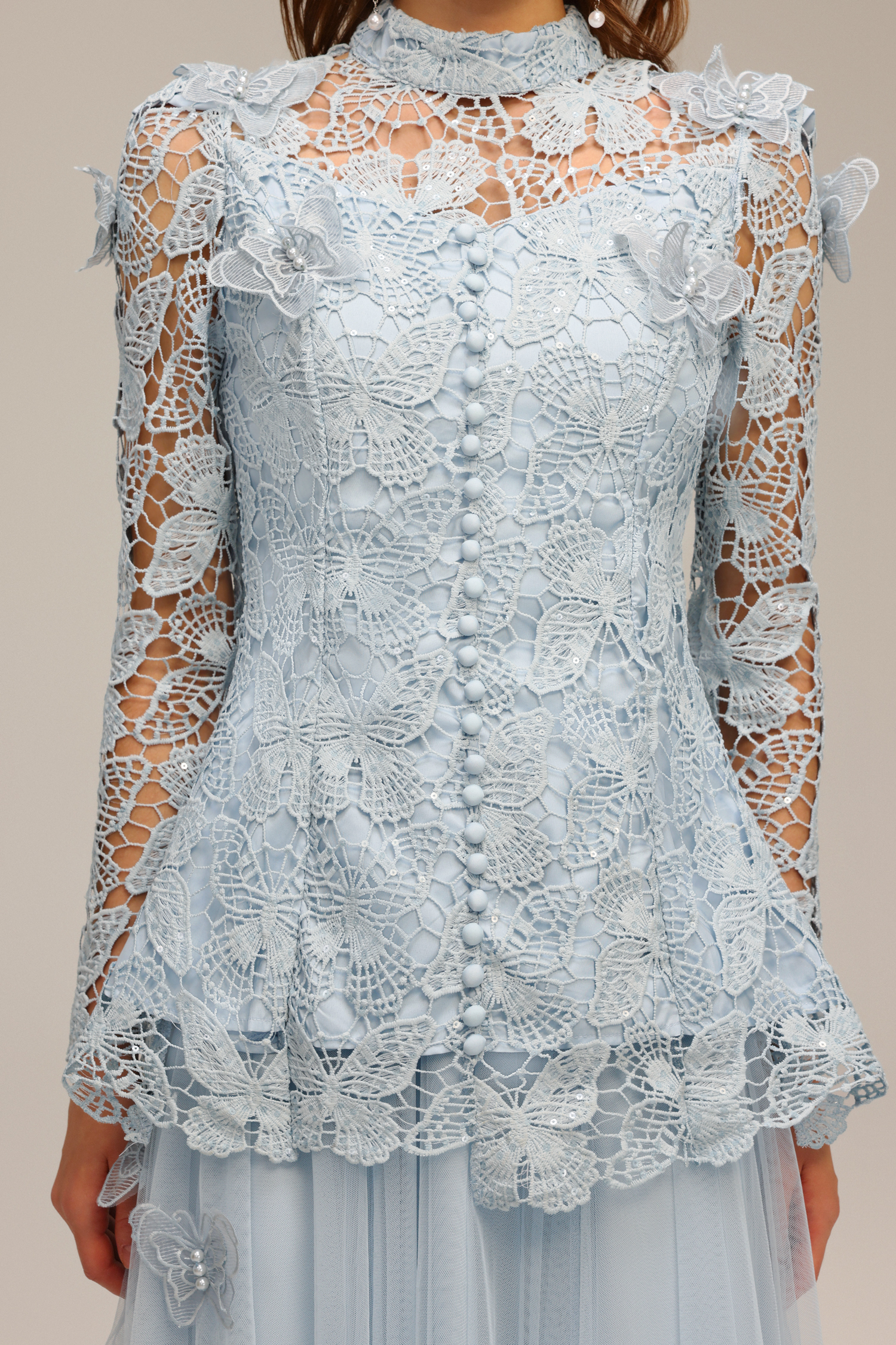 Sabina Long Sleeve Folds Lace Butterfly Top And Skirt Two-Piece Set