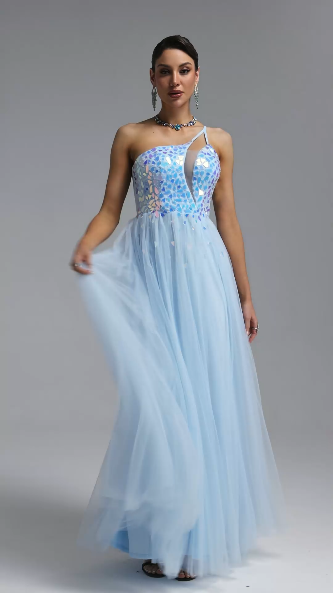 Sabriya Sexy One Shoulder Cut Out Iridescent Sequin Tulle High Slit Maxi Dress
