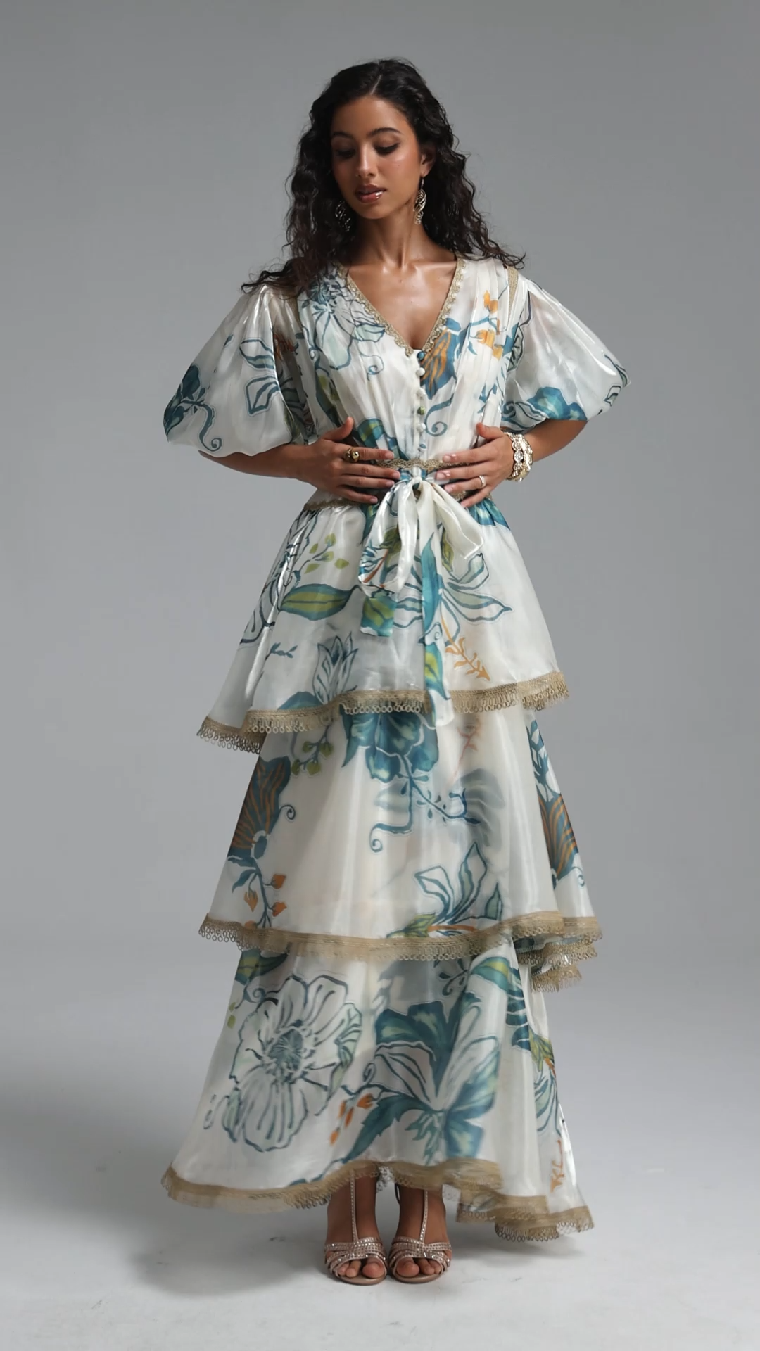 Lisbon Resort Flowy Puff Sleeve Floral Print Organza Maxi Dress