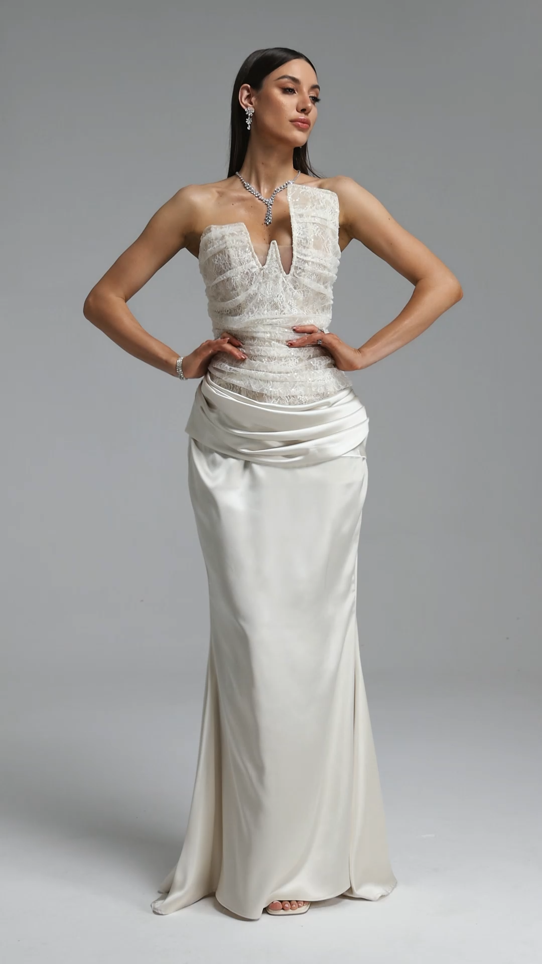 Maisie Elegant Tailored Strapless Pleated Lace Satin Maxi Dress