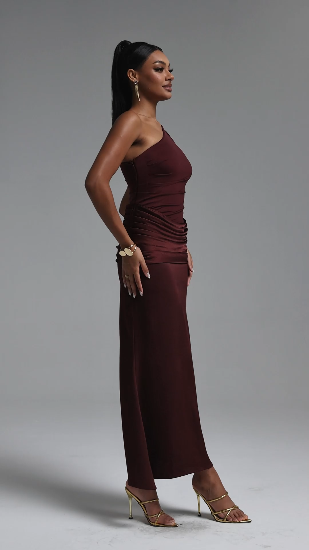 Helene Elegant Contour One Shoulder Pleated Maxi Dress