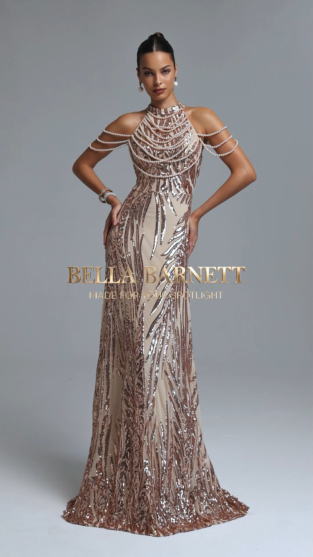 Saga Elegant Contour Halter Pearl Sequin Maxi Dress