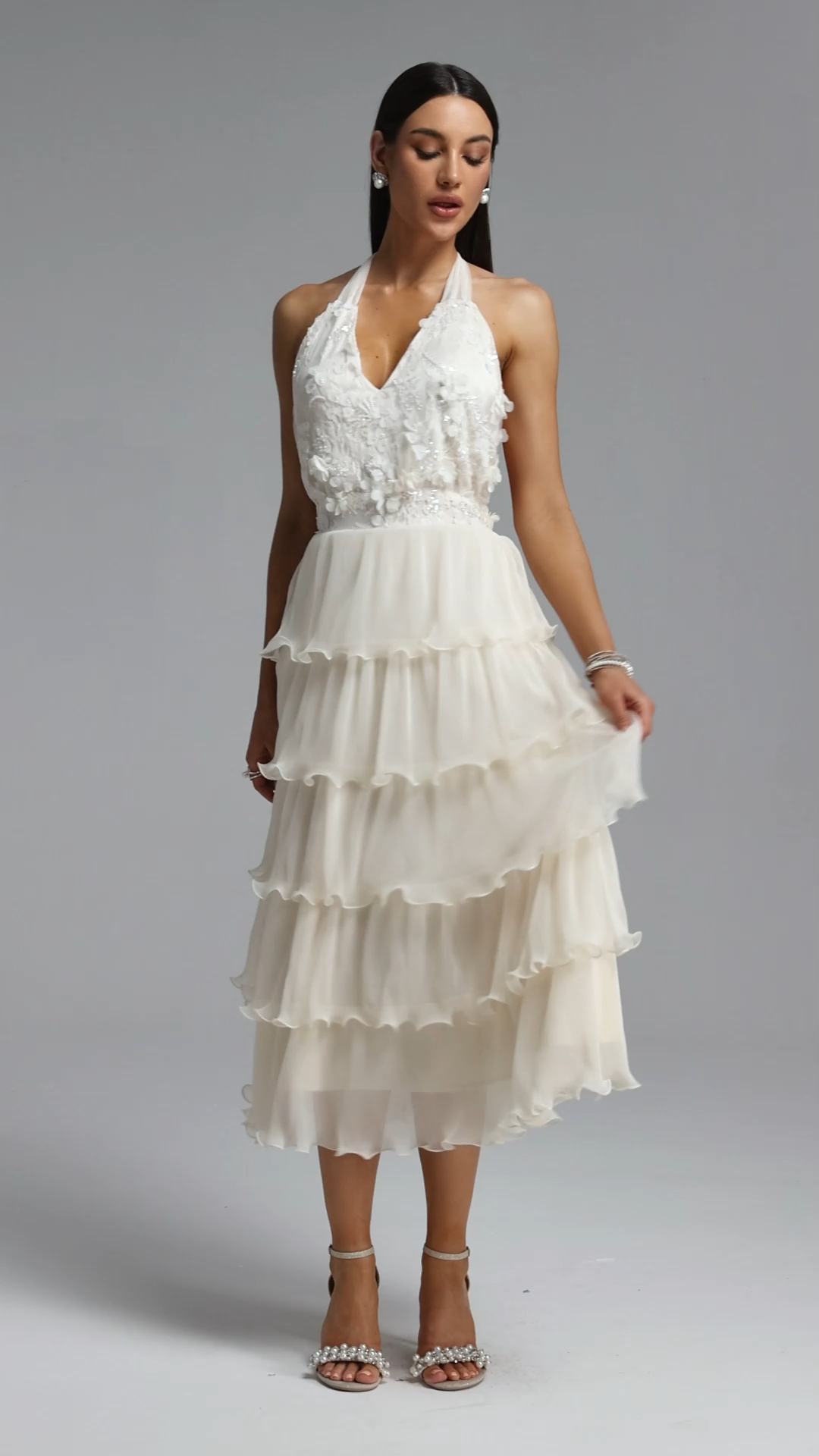 Doluo Elegant Flowy V Neck Halter Tiered Ruffle Floral Maxi Dress