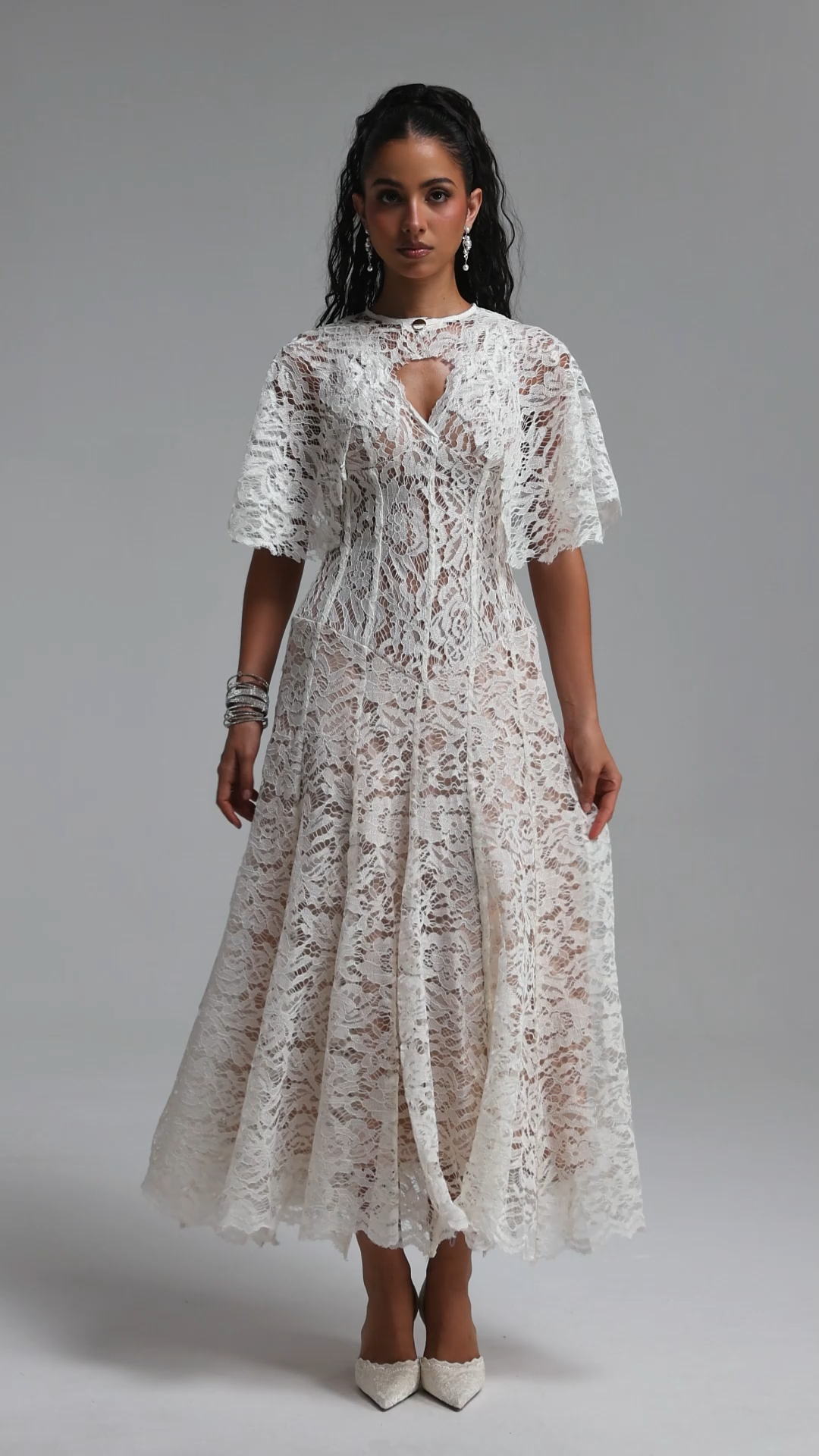 Jana Elegant Cinched Waist V Neck Cape Lace Maxi Dress