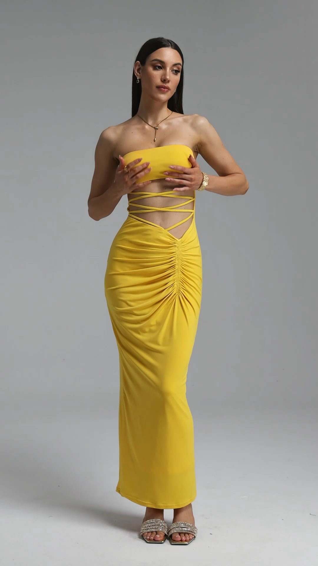 Linka Sexy Strapless Crisscross Tie Cut Out Ruched Maxi Dress