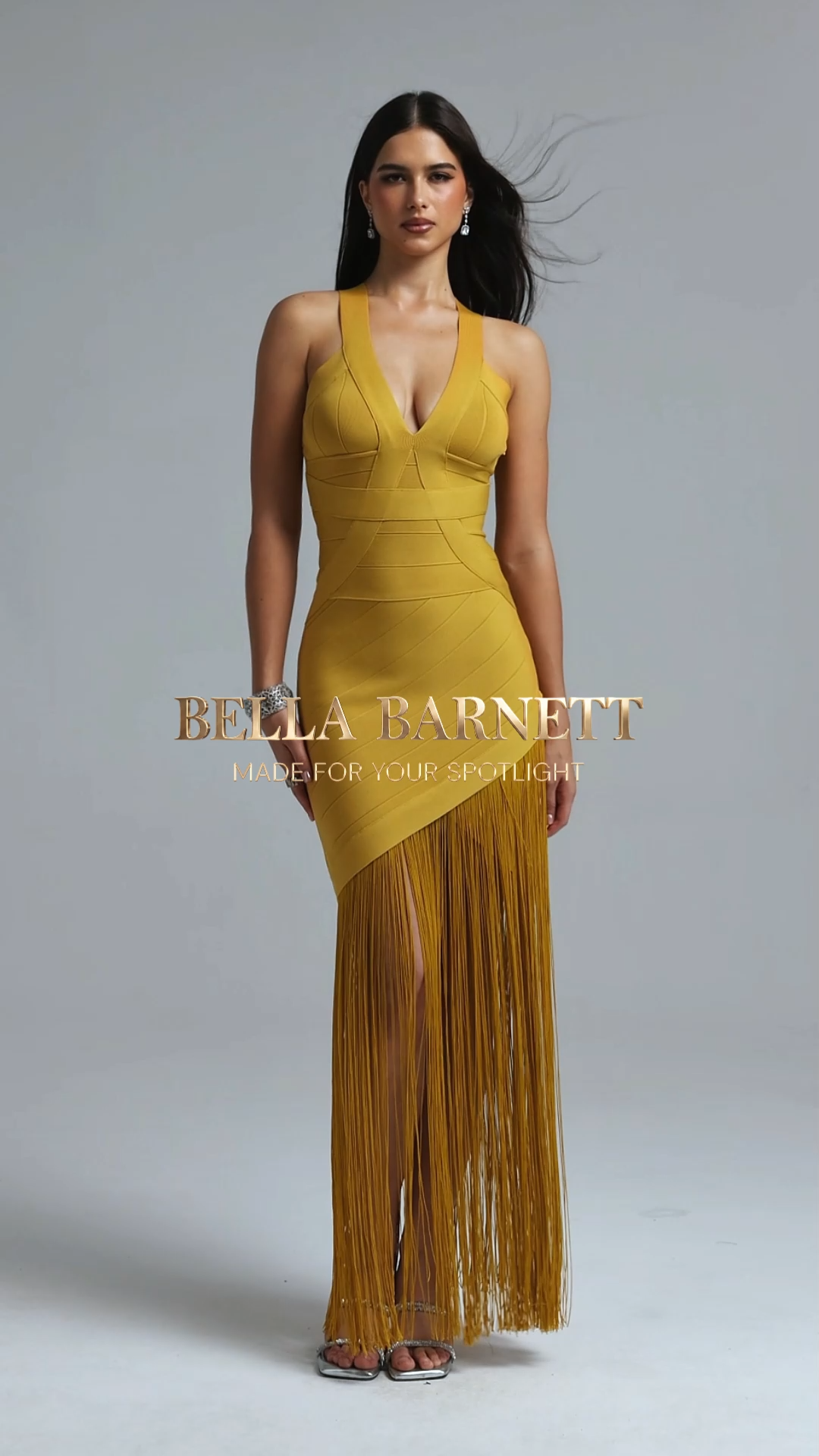 Emma Chic Contour V Neck Sleeveless Fringe Yellow Bandage Maxi Dress