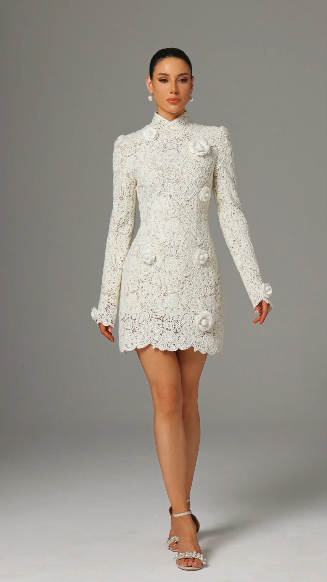 Sarada High Neck Lace Embellished Floral Mini Dress