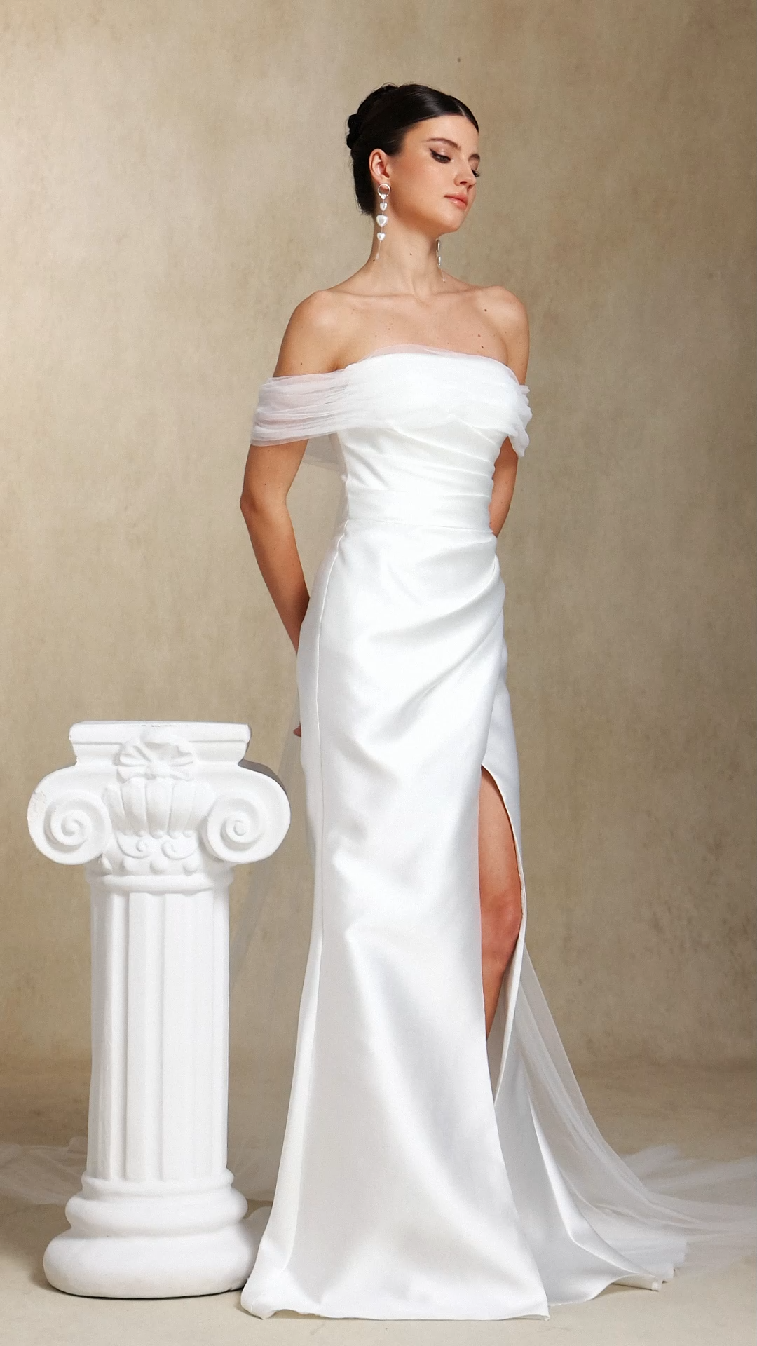 Wenrey Off-the-shoulder Pleating waist-cinching slit tail maxi wedding dress