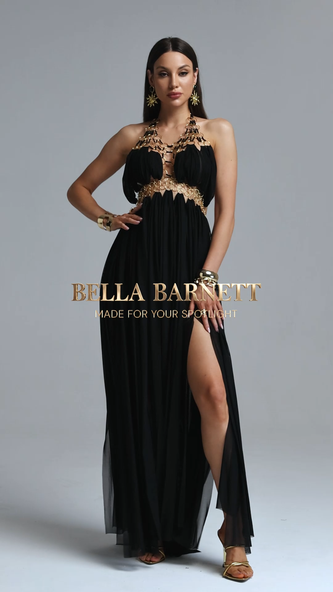 Fallon Sophisticated Cinched Waist Backless Halter Ring Metal Embellished Woven Maxi Dress