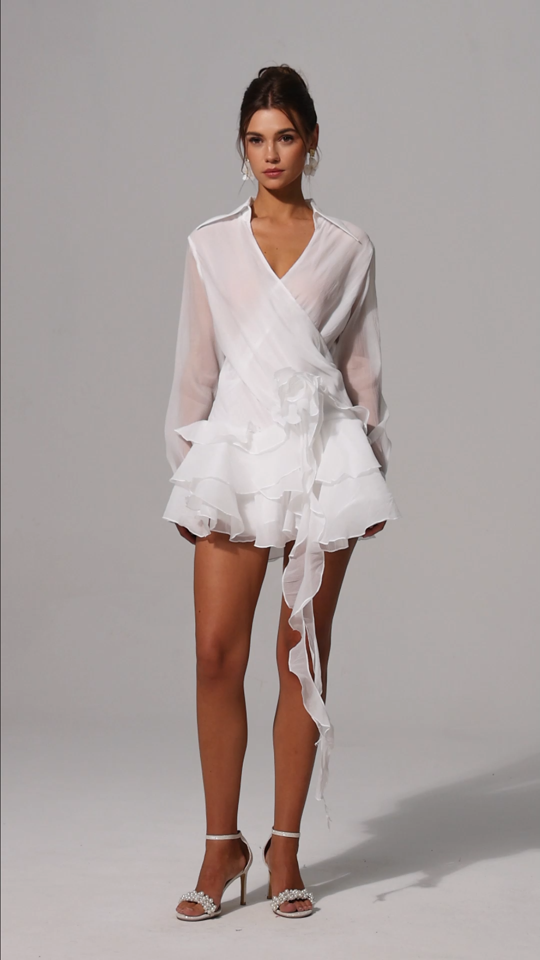 Enene V Neck Flowers Long Sleeves Folds Streamer Mini Dress