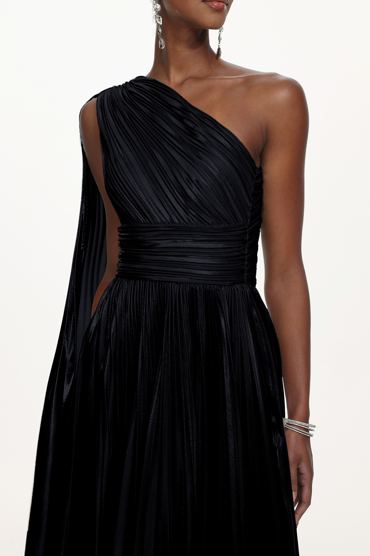 Leyla Glamorous Contour One Shoulder Drape Pleated Metallic Black Maxi Dress