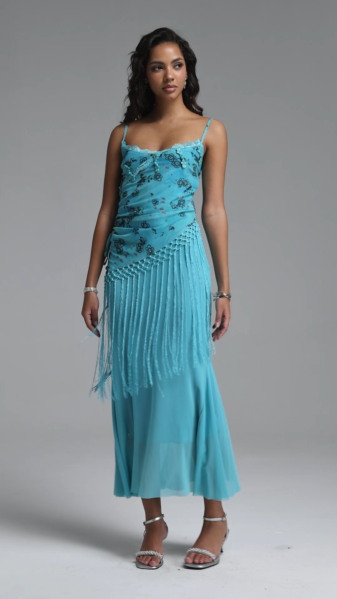 Palez Elegant Contour Spaghetti Strap Fringe Floral Print Mesh Maxi Dress