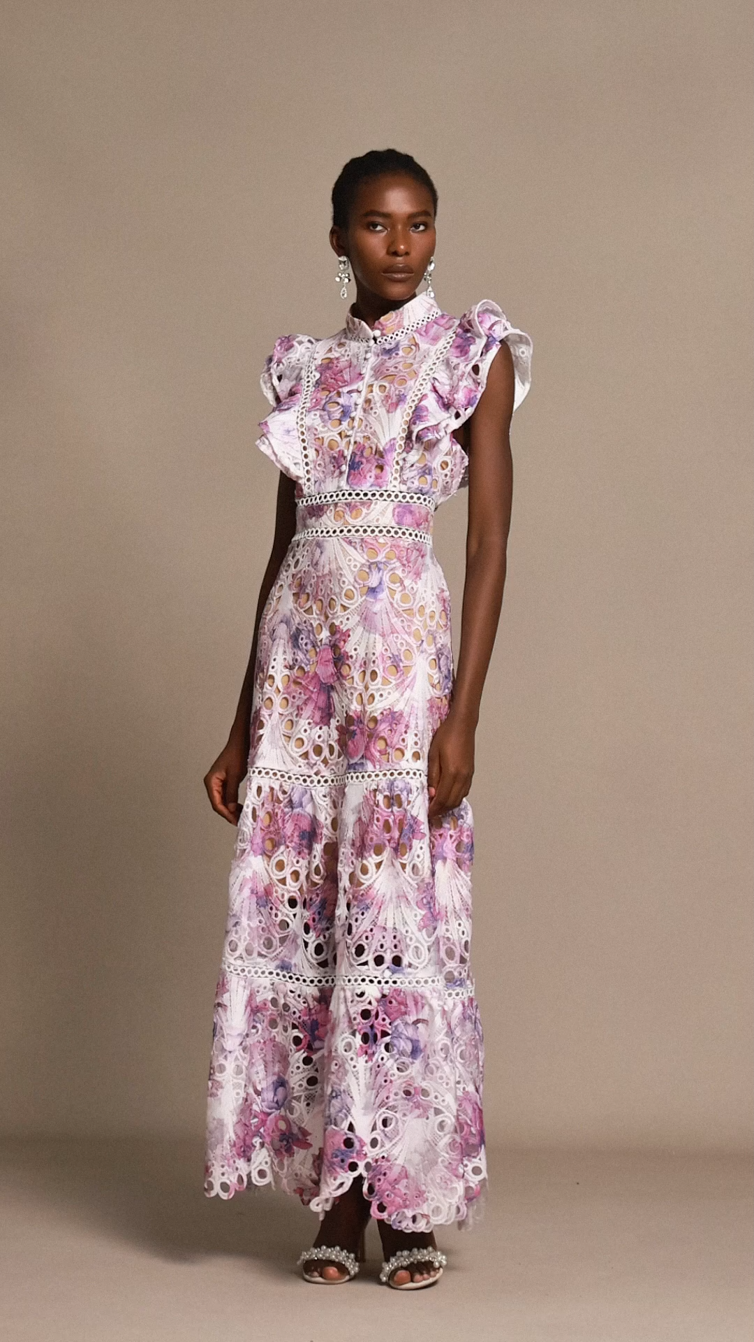 Sparkly Sleeveless Floral Printed Lace Maxi Dress