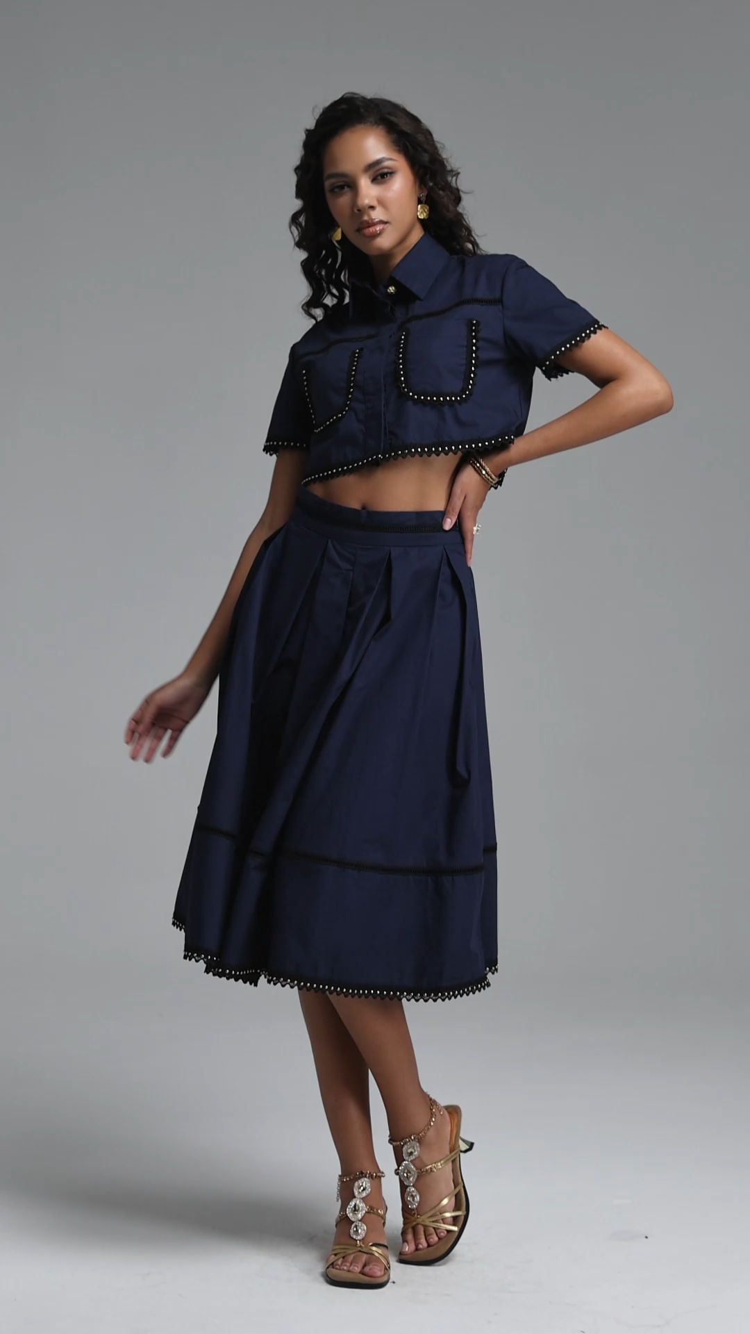 Naleza Elegant Tailored Short Sleeve Woven Top and Skirt Two Piece Set