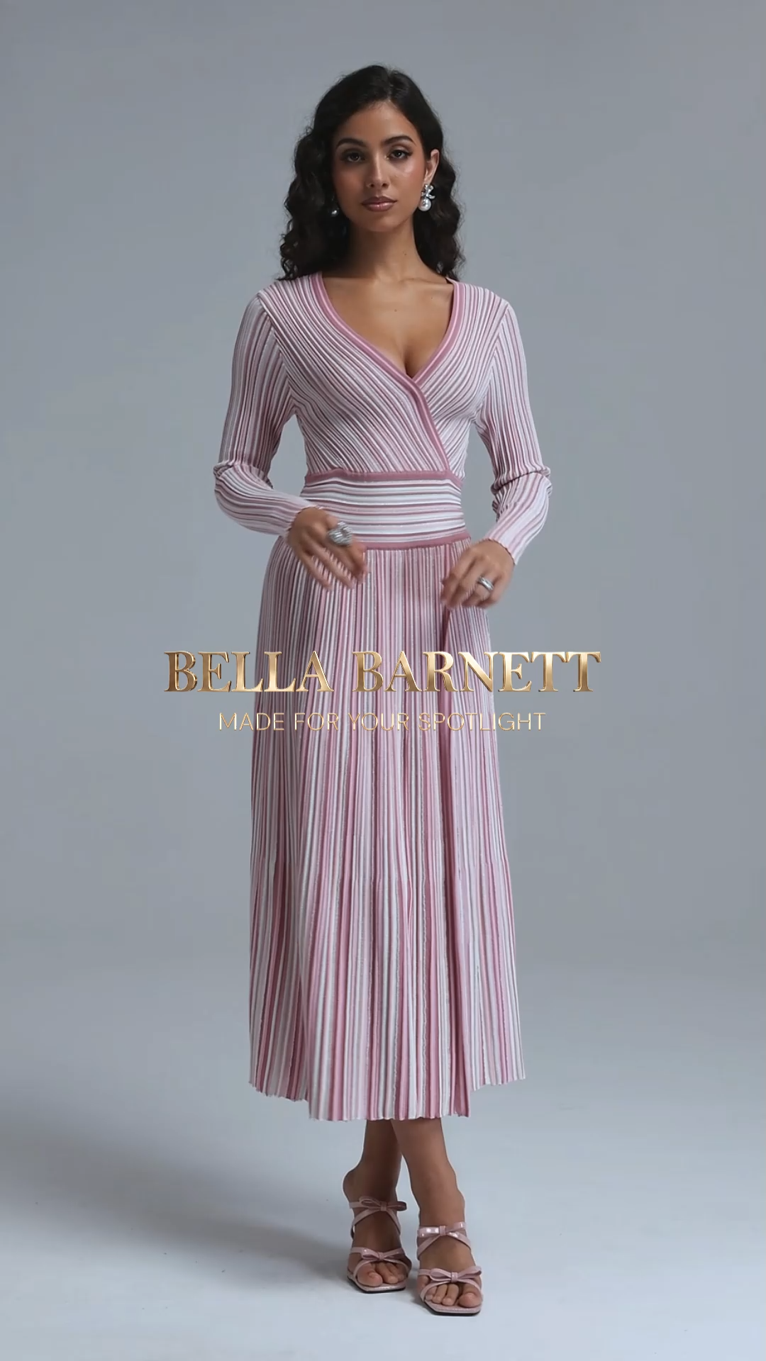 Vanina Vintage Contour V Neck Long Sleeve Bowvertical Stripes Knit Maxi Dress
