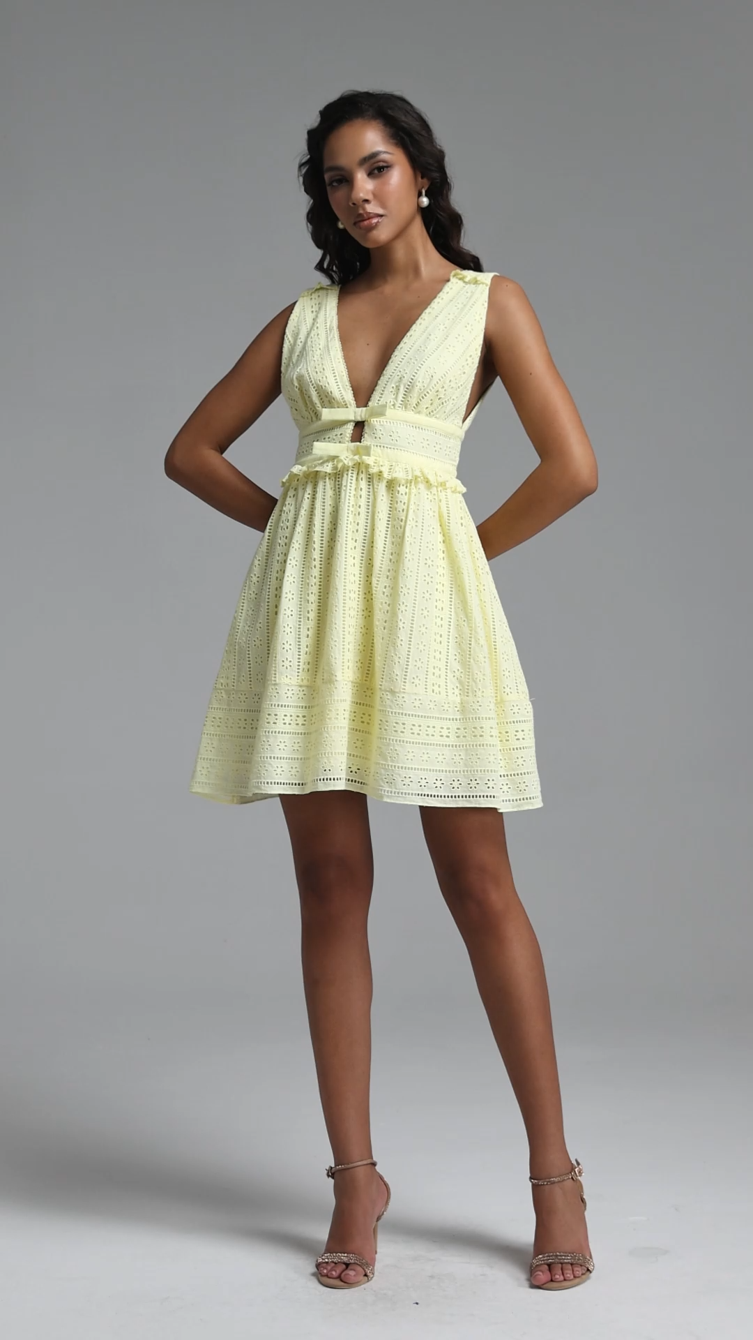 Samantha Romantic Cinched V Neck Sleeveless Ruffle Woven Mini Dress