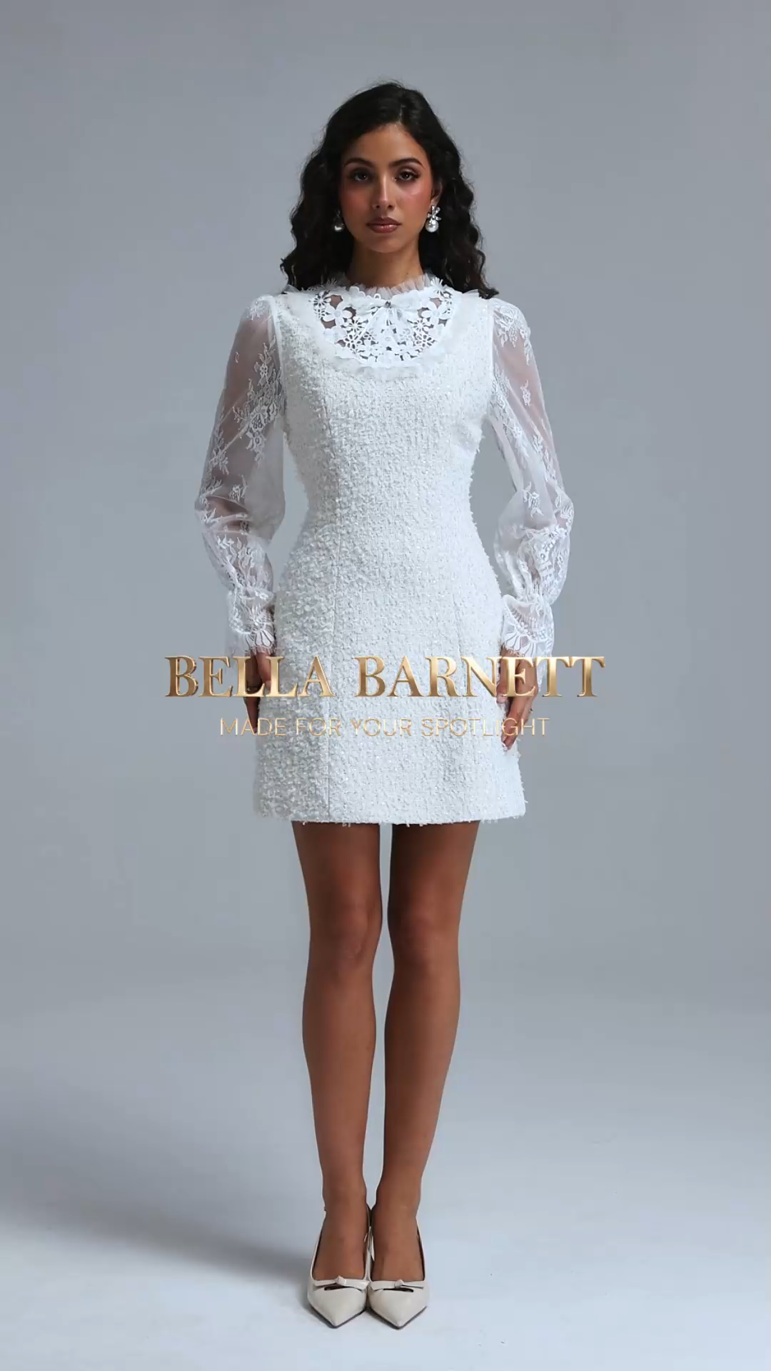 Niaca Chic Tailored Long Sleeve Floral Sequin Lace Trimmed Tweed Mini Dress
