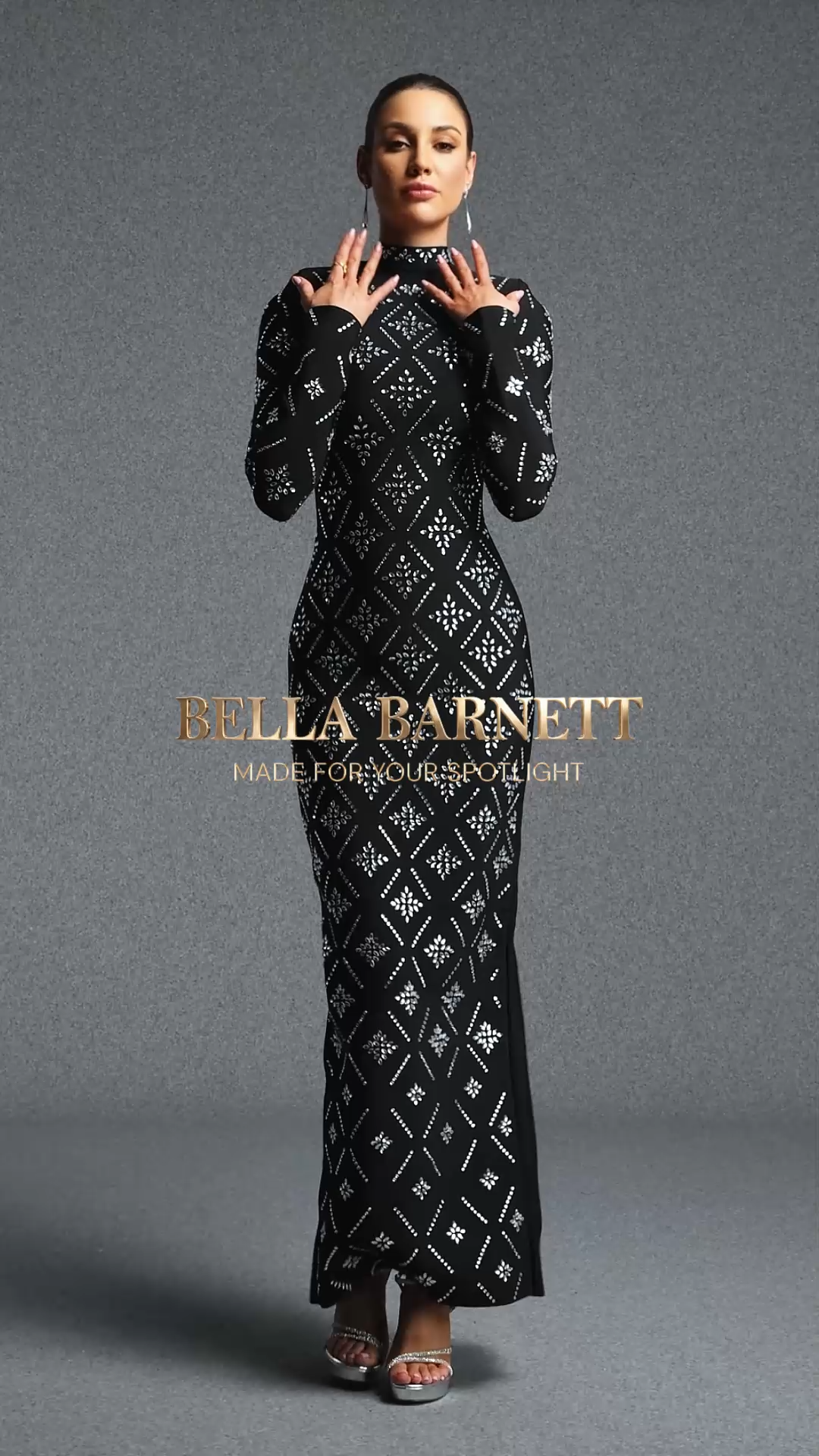 Yvonne Classic Contour High Neck Long Sleeve Rhinestone Bandage Maxi Dress