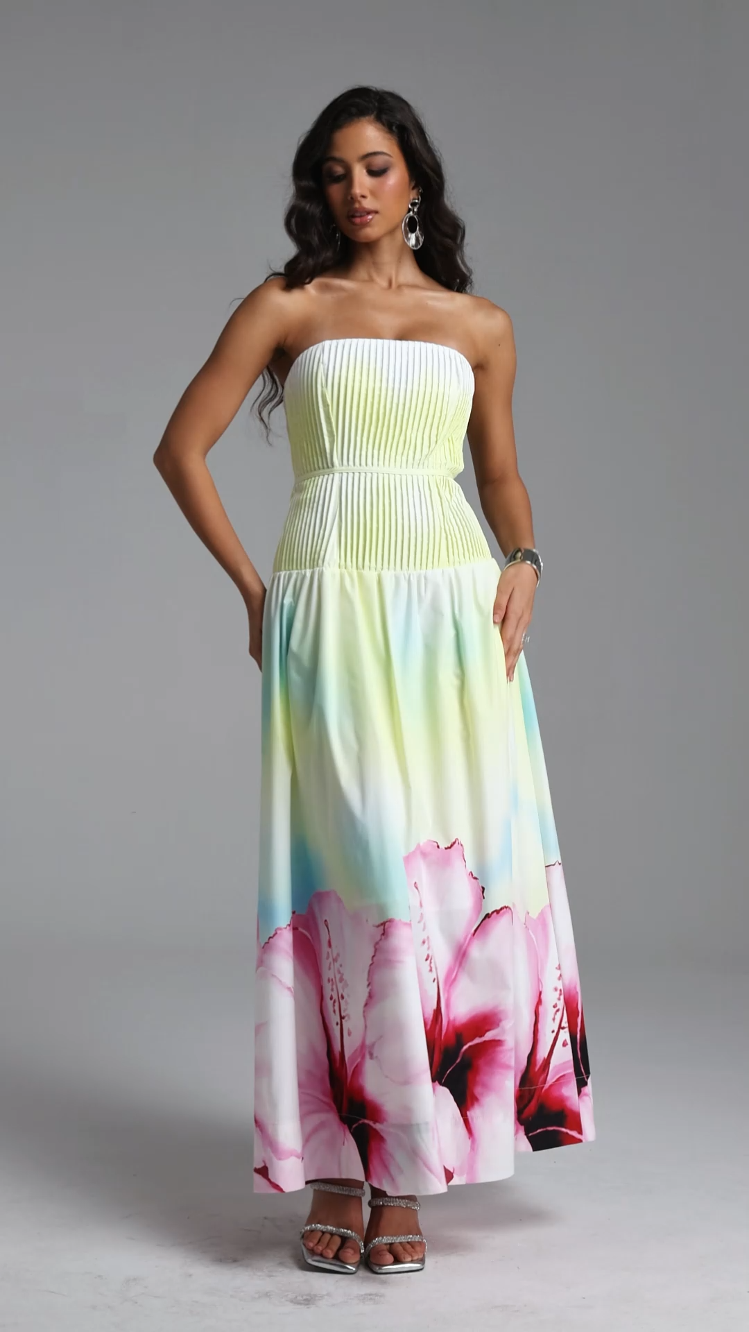 Marge Resort Cinched Sleeveless Floral Print Ruched Woven Maxi Dress