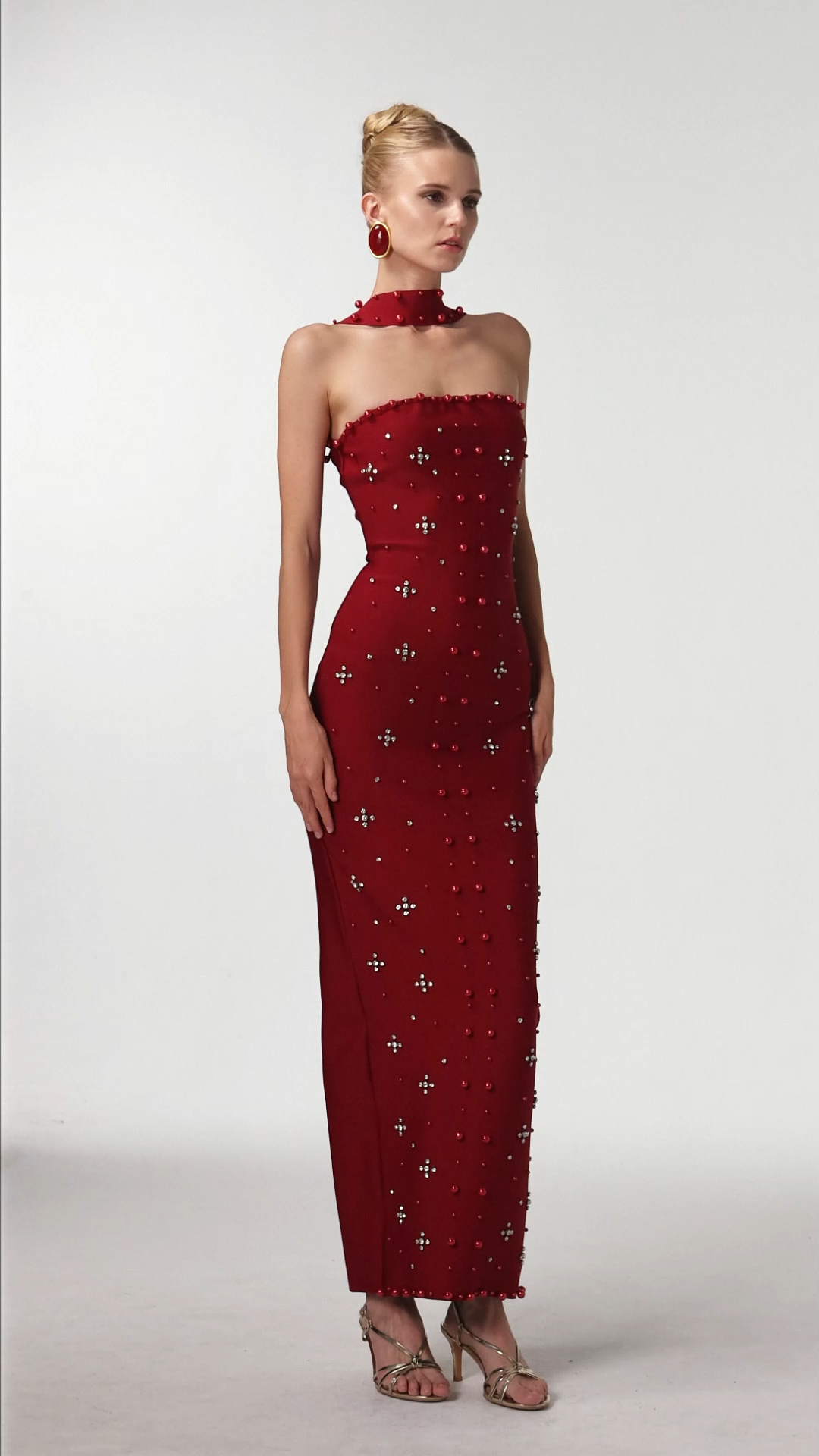 Nesya Sleeveless Pearl Wine Bandage Maxi Dress