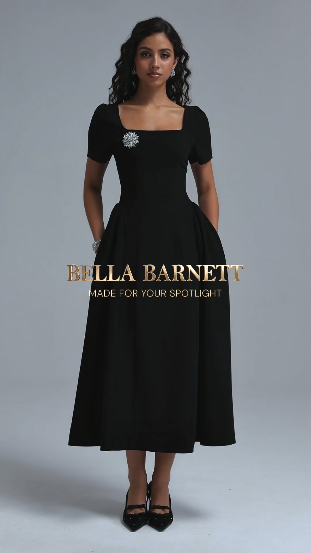 Verza Elegant Tailored Short Sleeve Rhinestone Woven Black Maxi Dress