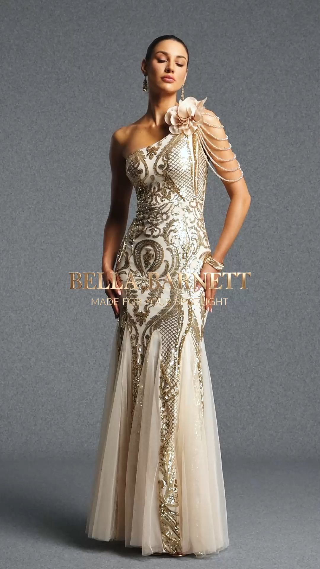 Romelle Elegant Contour One Shoulder Sequin Floral Mesh Maxi Dress